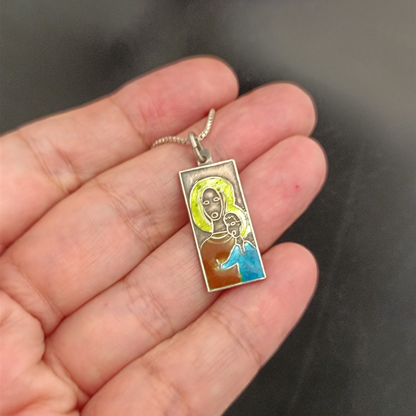 VTG 950 Silver Enamel Necklace Modernist Woman Child Artisan Abstract Pendant