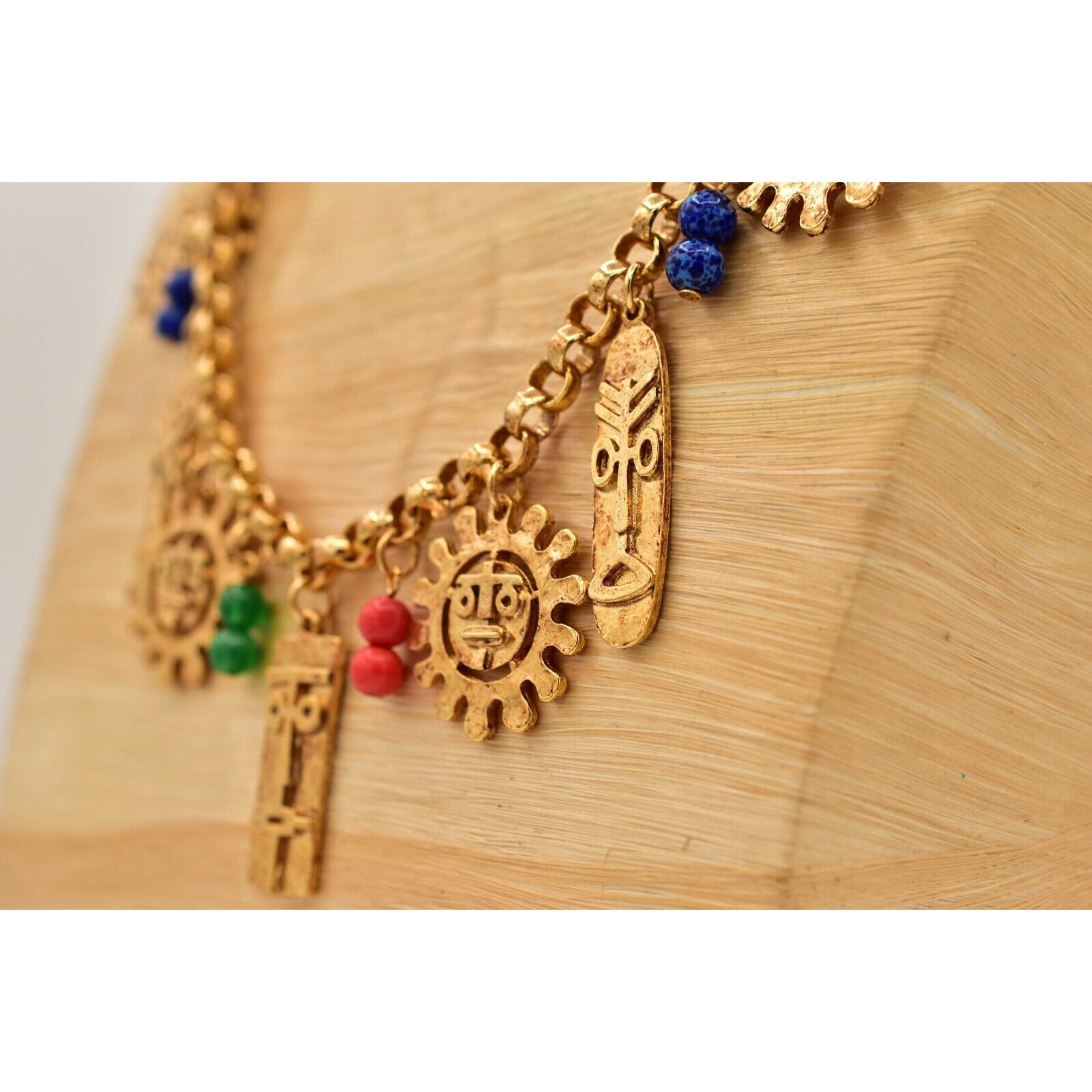 Vintage Tribal Charm Necklace Sun Tiki Mask Beaded Gold Heavy Chunky NOS BinA5