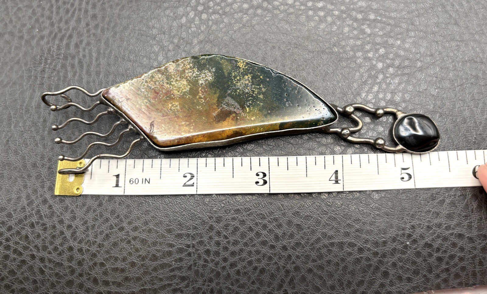 Artisan Brutalist Massive 5.5″ Silver Tone Modernist Stone Pendant Brooch