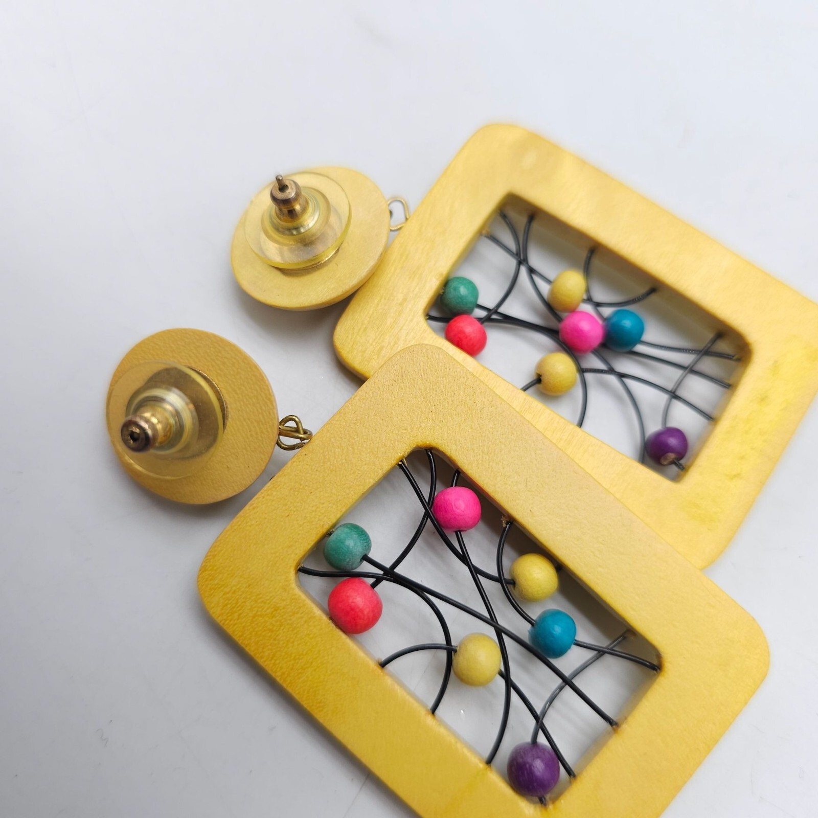 Vintage 1980s Yellow Wooden Rectangle Earrings With Colorful Bead Accents