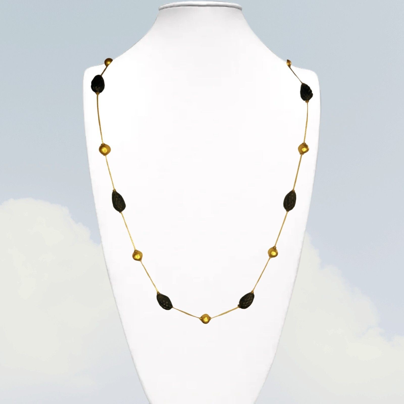 Sculpted Pinecone Station Necklace Satin 18kt Gold Foxtail Chain Lucite 30 In
