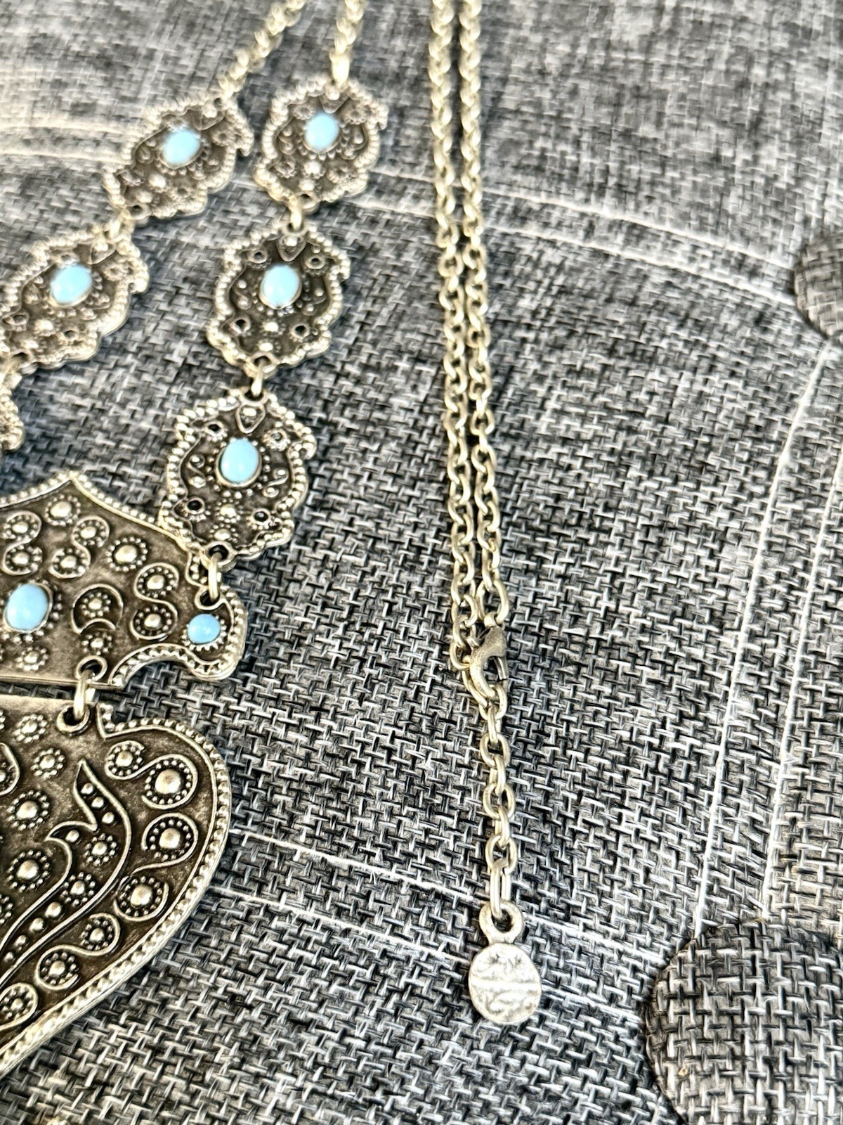 Vintage Bohemian Gothic Art Silver Alloy Pressed Metal Faux Blue Turquoise