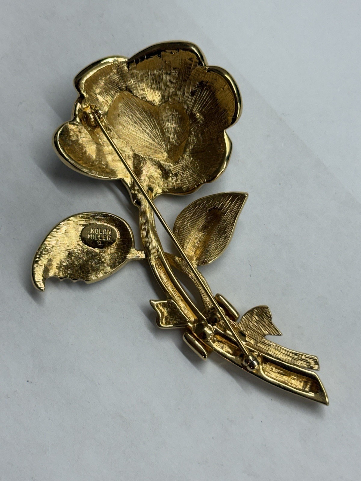 Vintage Nolan Miller Signed Gold Tone Rhinestone Rose Flower Brooch Pin