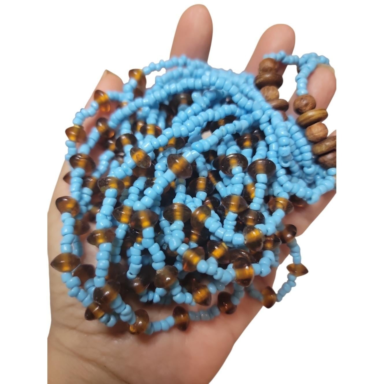 Vintage Blue Seed Bead Multi Strand Necklace Amber Glass Wood Bead Boho 34