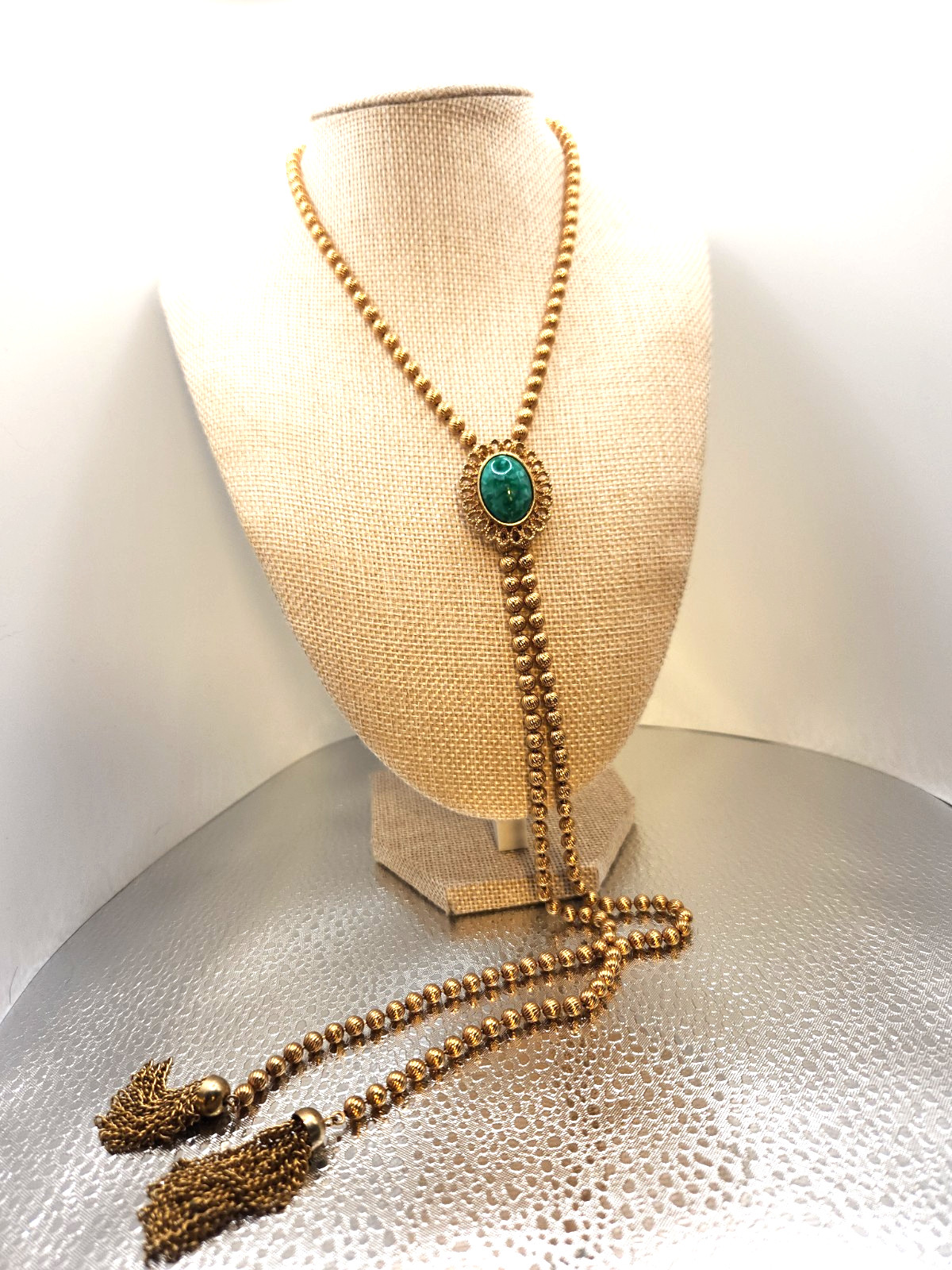 Vtg. Avon Gold Tone Faux Turquoise Lariat Bolo Necklace Adjustable Tassels 38″