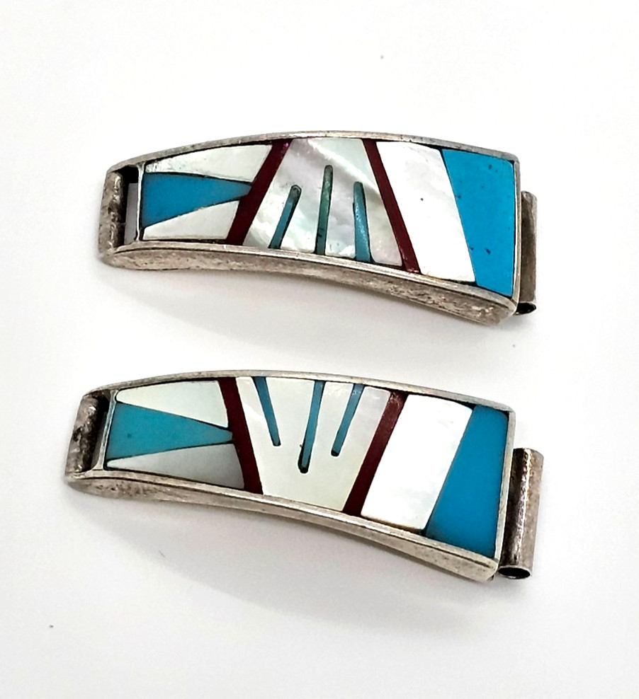 Sterling VTG Native Turquoise MOP & Coral Inlay Watch Tips 10 MM Bar Signed