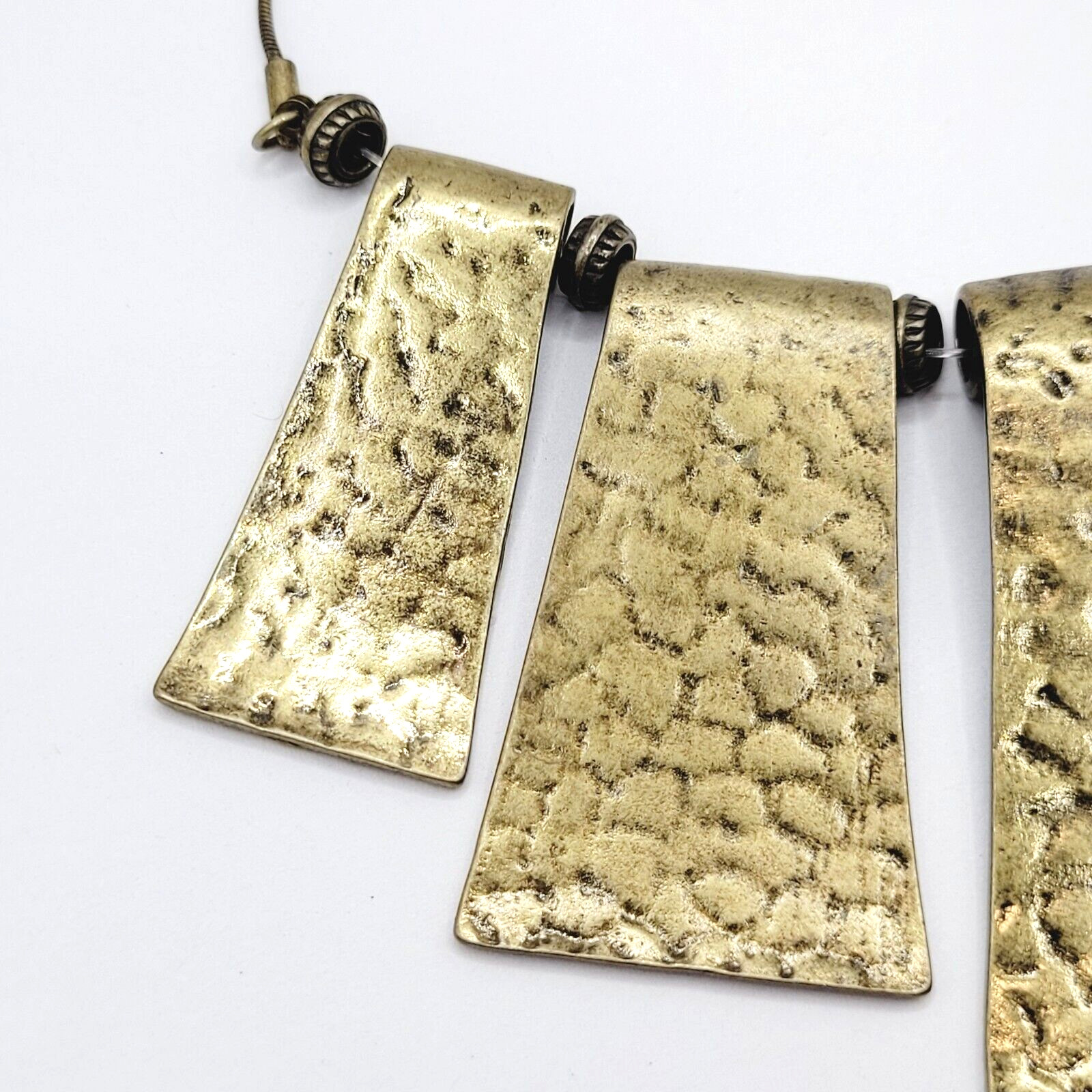 Exotic Hammered Style 5 Metal Plate Bib Necklace Brutalist Cleopatra Look 21 In