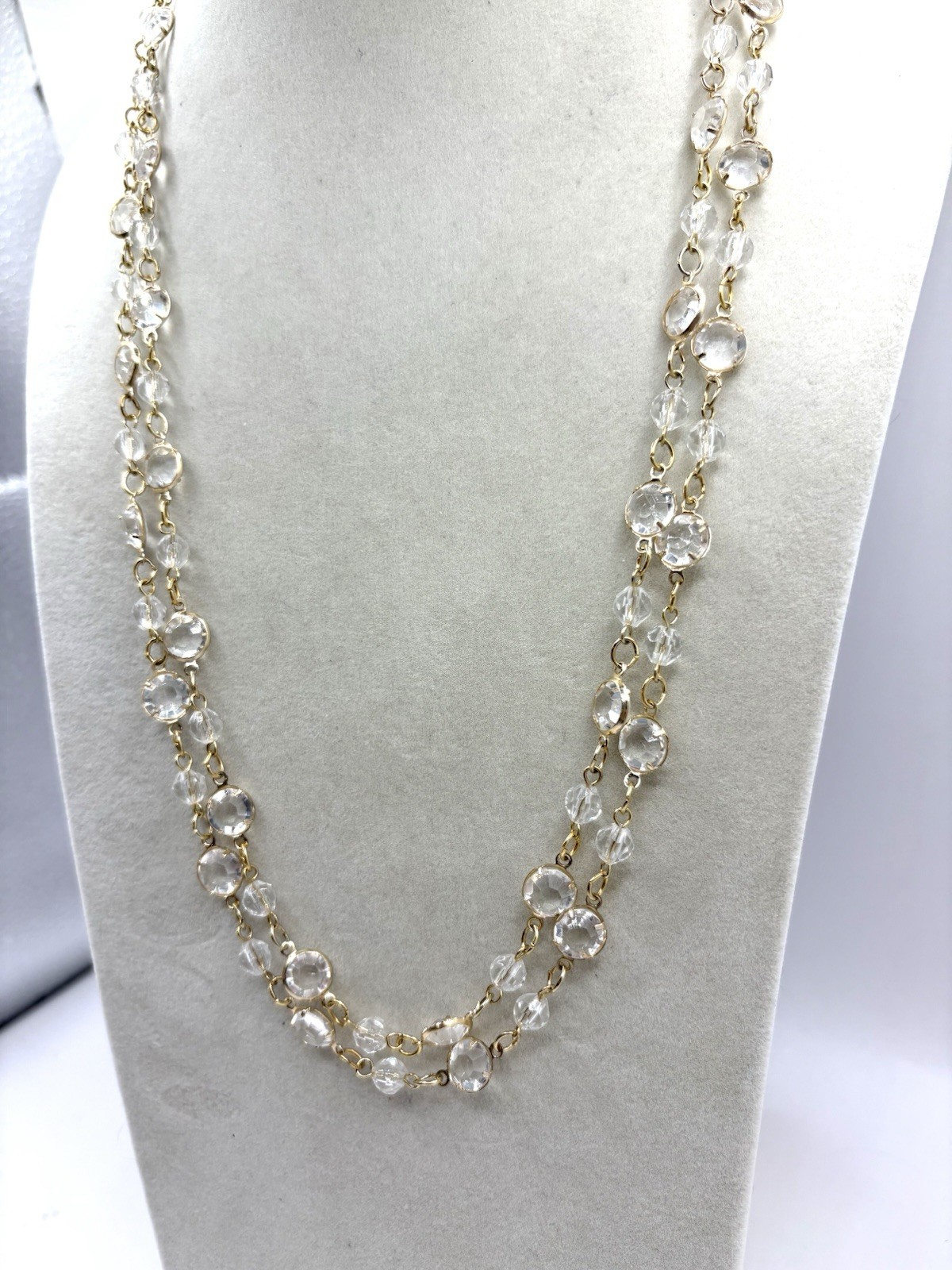 Gold Tone Bezel Set Acrylic Crystal Long Necklace VTG NOS 50”