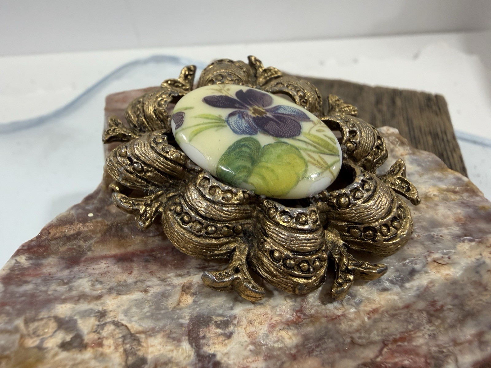 Vintage Victorian Revival Floral Porcelain Purple Violets Cameo Style Brooch