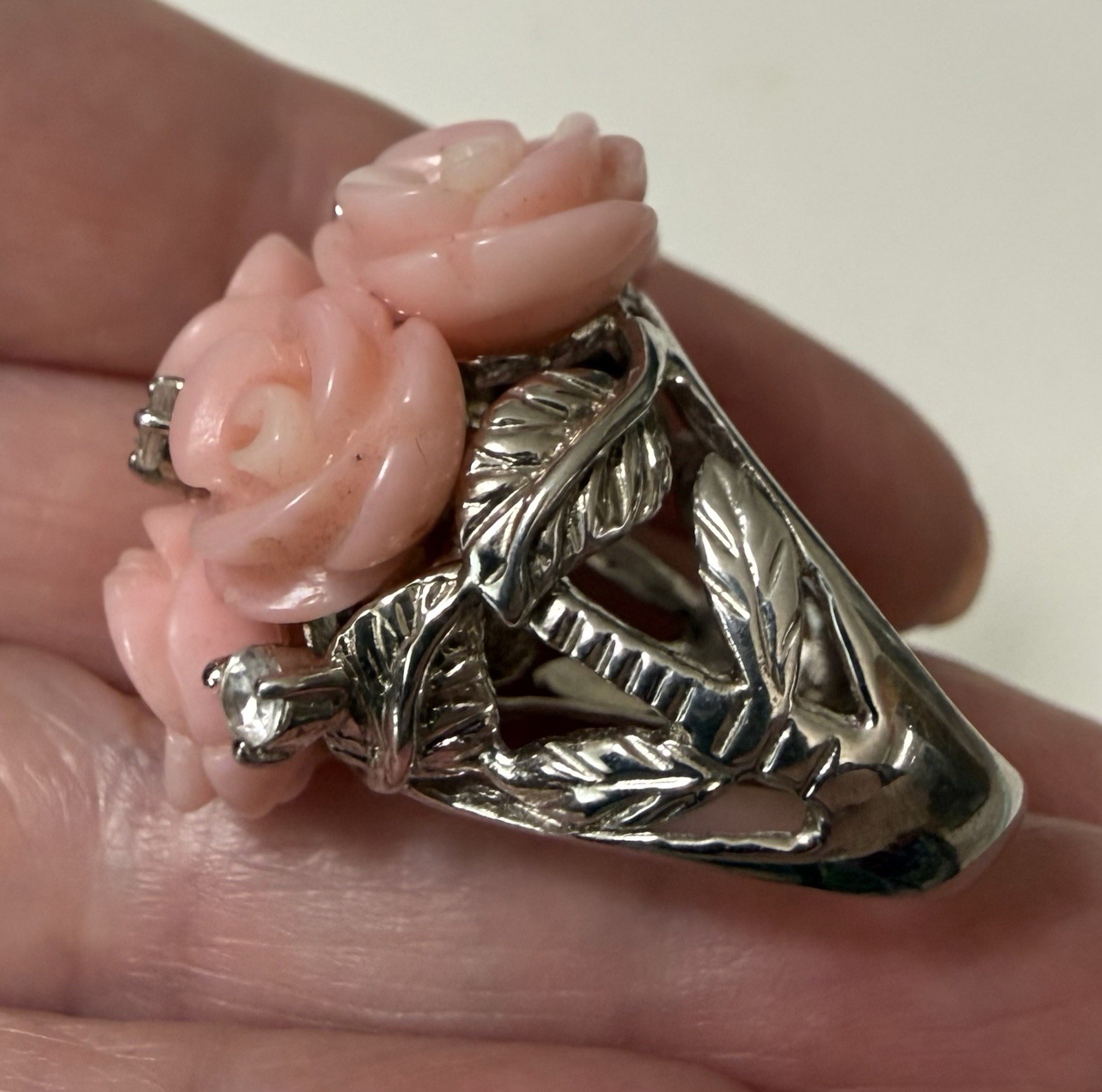 1990s Sterling Silver Angel Skin Coral Roses White Topaz Necklace Ring Sz 9 Set