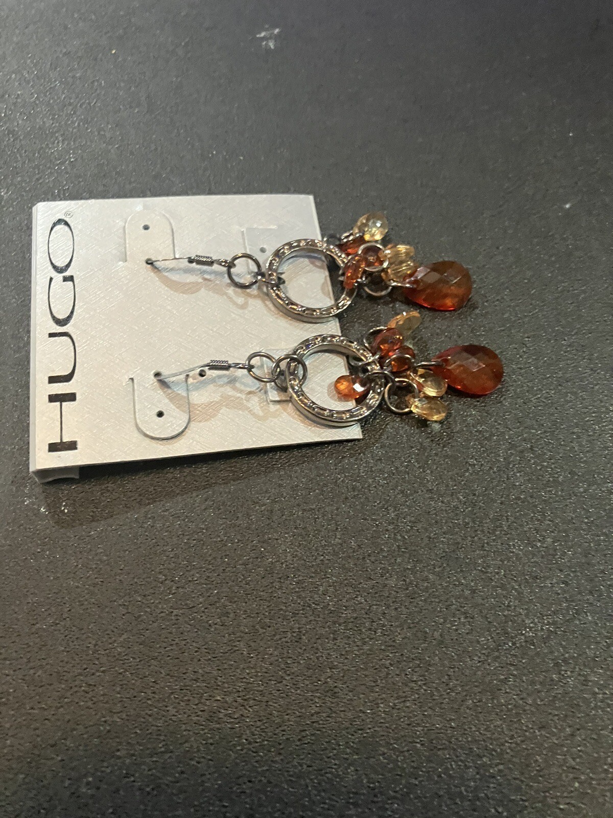 Vtg Earrings Golden Brown Amber Glass Dangle Hoops Teardrop Faceted DWK Jewelry