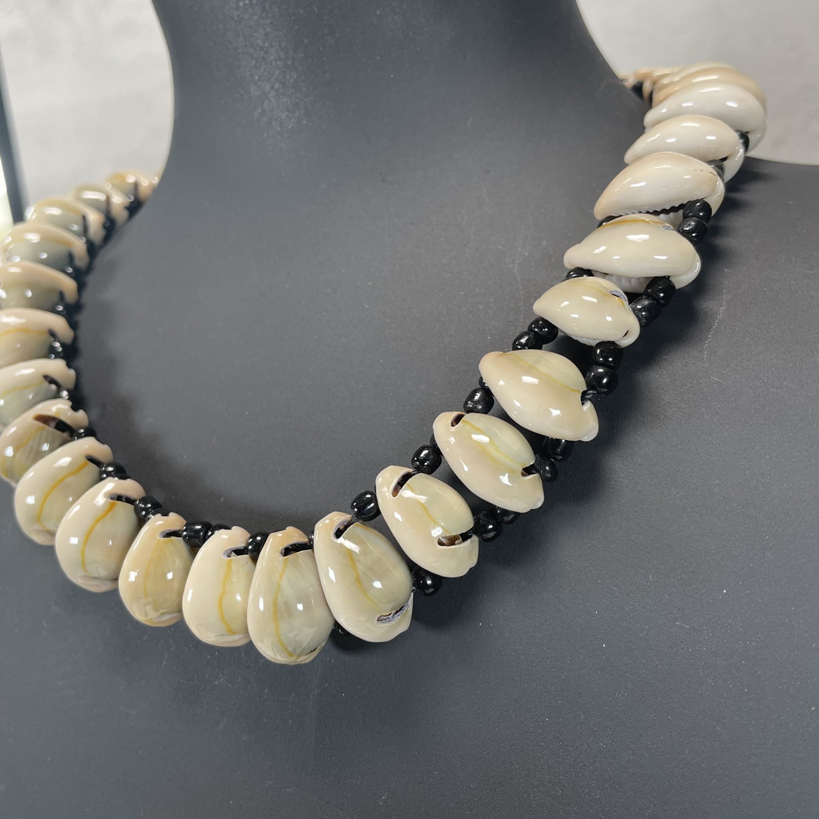 African Handmade Bold Cowrie Shells & Black Accent Beads Necklace & Bracelet