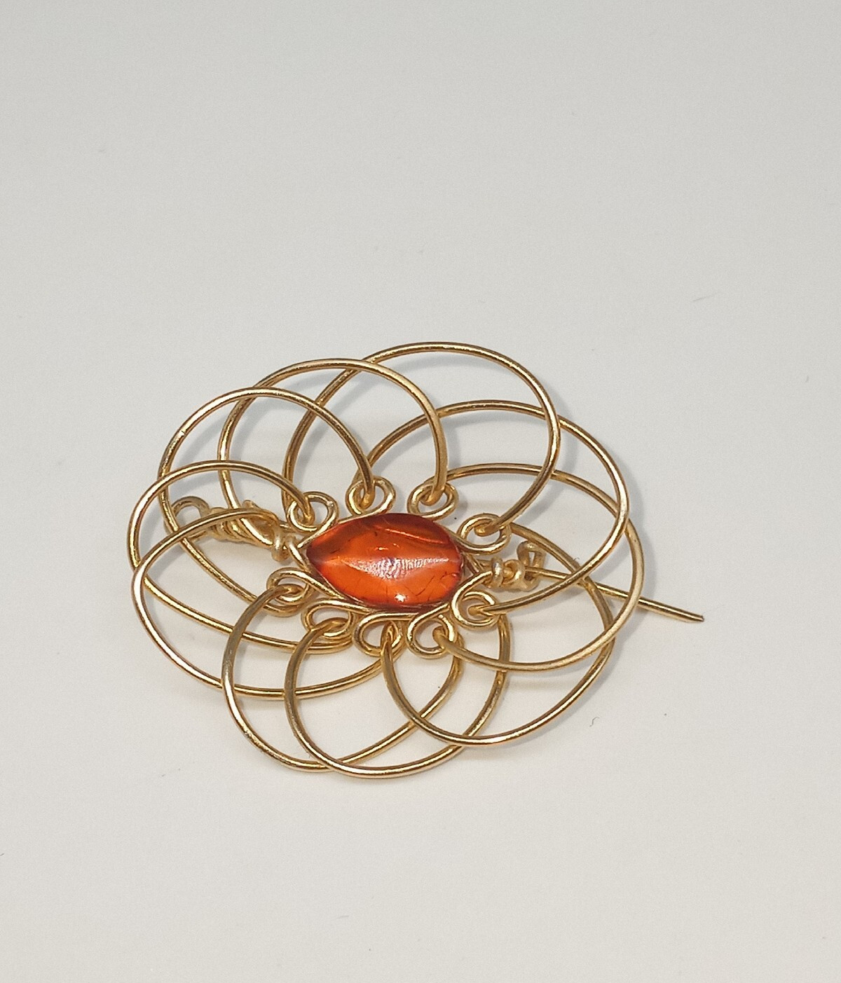 Vintage Wire Wrap Gold Tone Brooch Floral Theme Dark Orange Cabochon