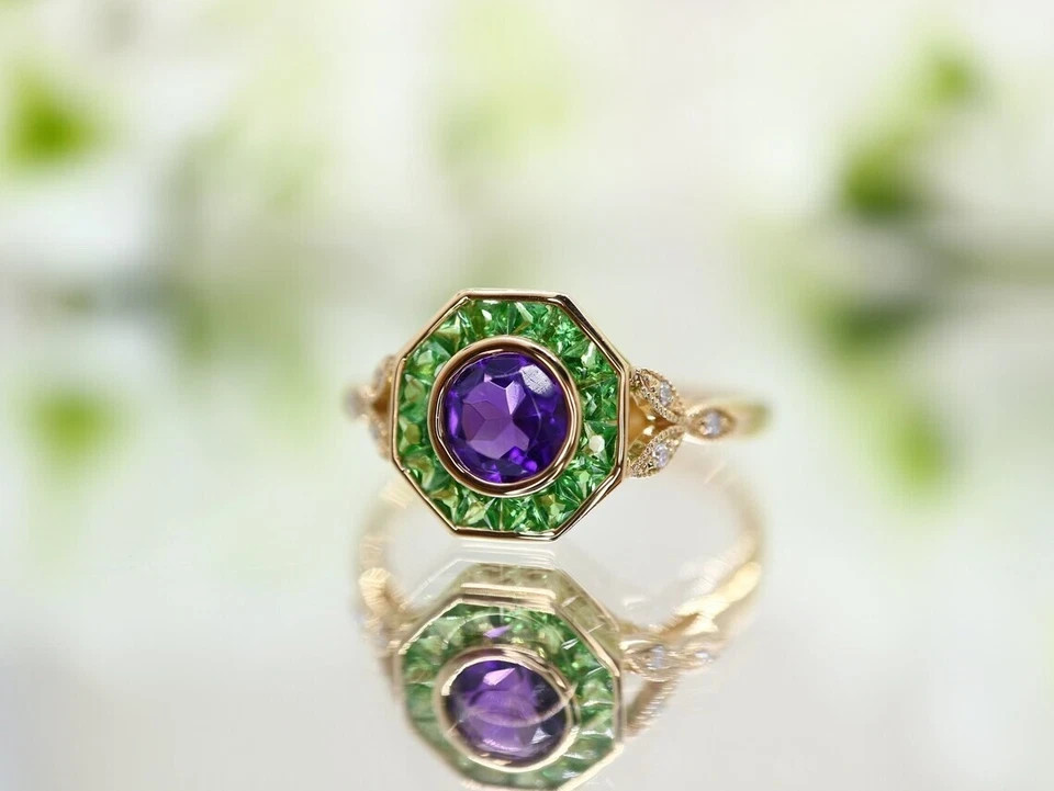Art Deco Vintage Style Lab Created Amethyst & Emerald Wedding 14K Gold FN Ring