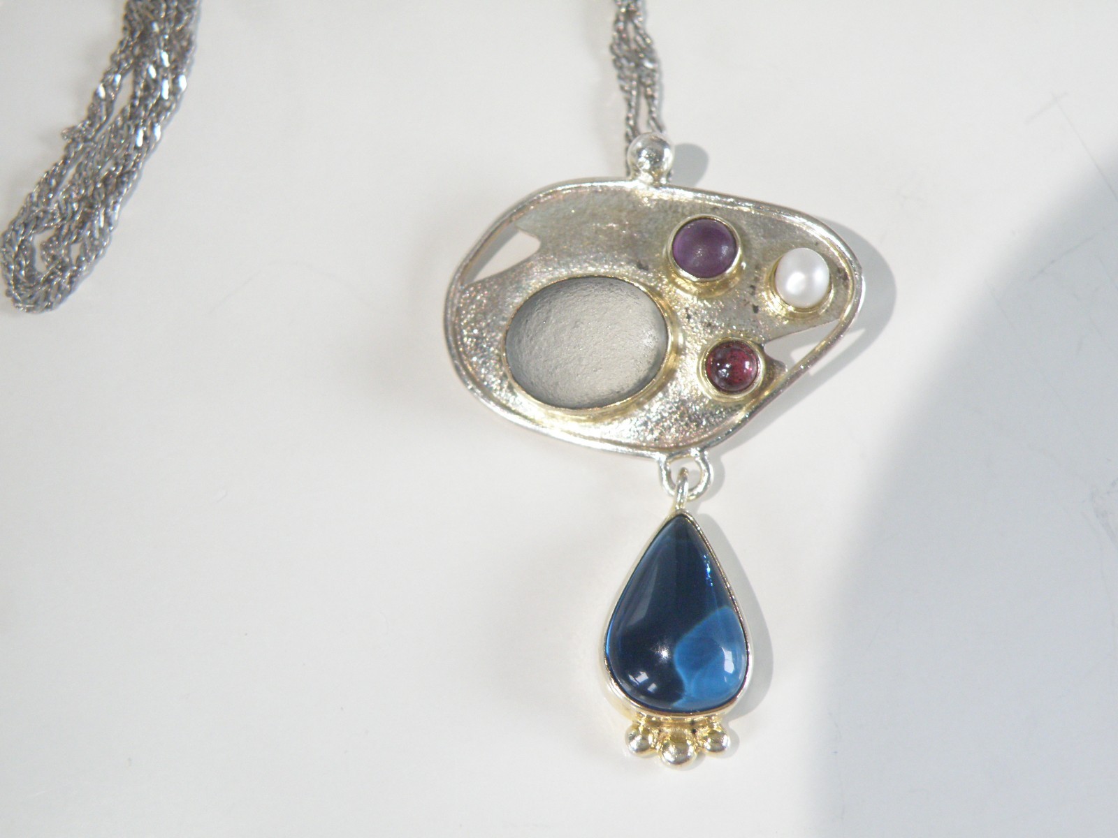 Artisan Sterling Silver 925 Beach Glass Gemstone Modernist Pendant Necklace 18.5