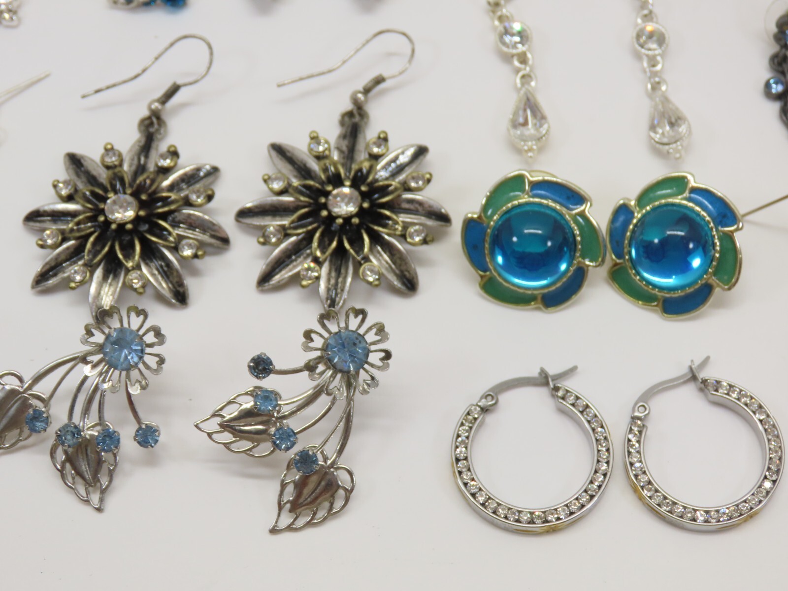 VTG Dangle Earrings Lot Pierced 1 Clip Silver Tone Blue Clear Rhinestones D2115