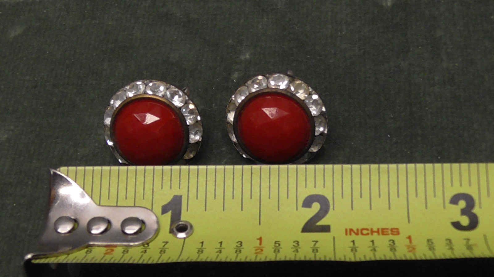Vintage Red Faceted Stone Screw Back Earrings w/ Clear Rhinestone Surround