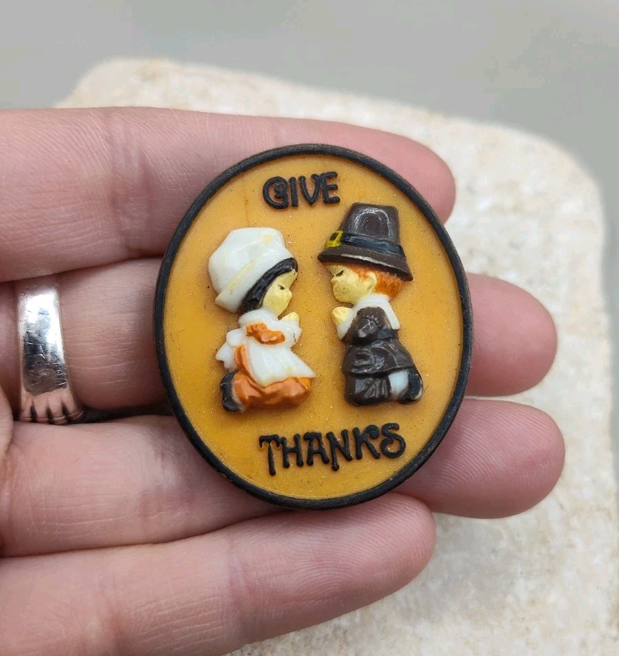 Vintage Thanksgiving Give Thanks Pilgrims Brooch Pin