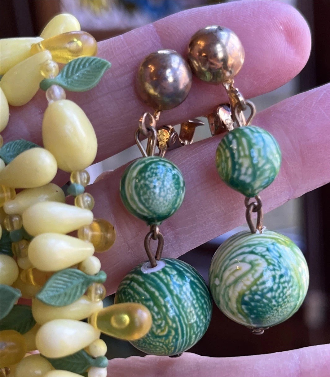 Vintage 2 Strand Tutti Fruity Lemon Necklace Czech Dangle Drop Clip Earrings Set