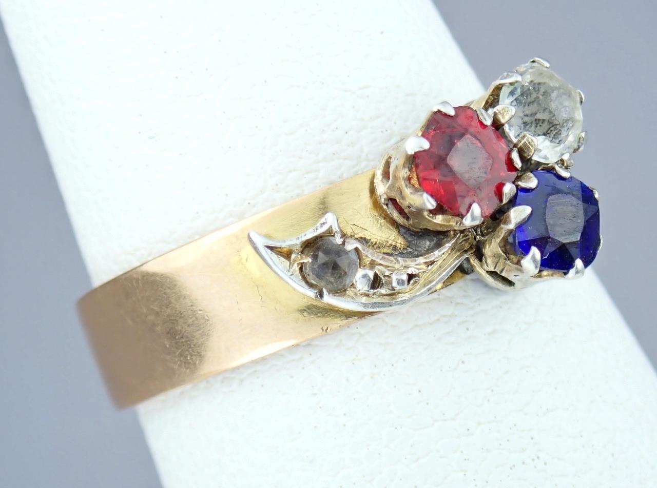 Charming Antique Victorian 14K Rose Gold Red White Blue Paste Floral Ring Size 8