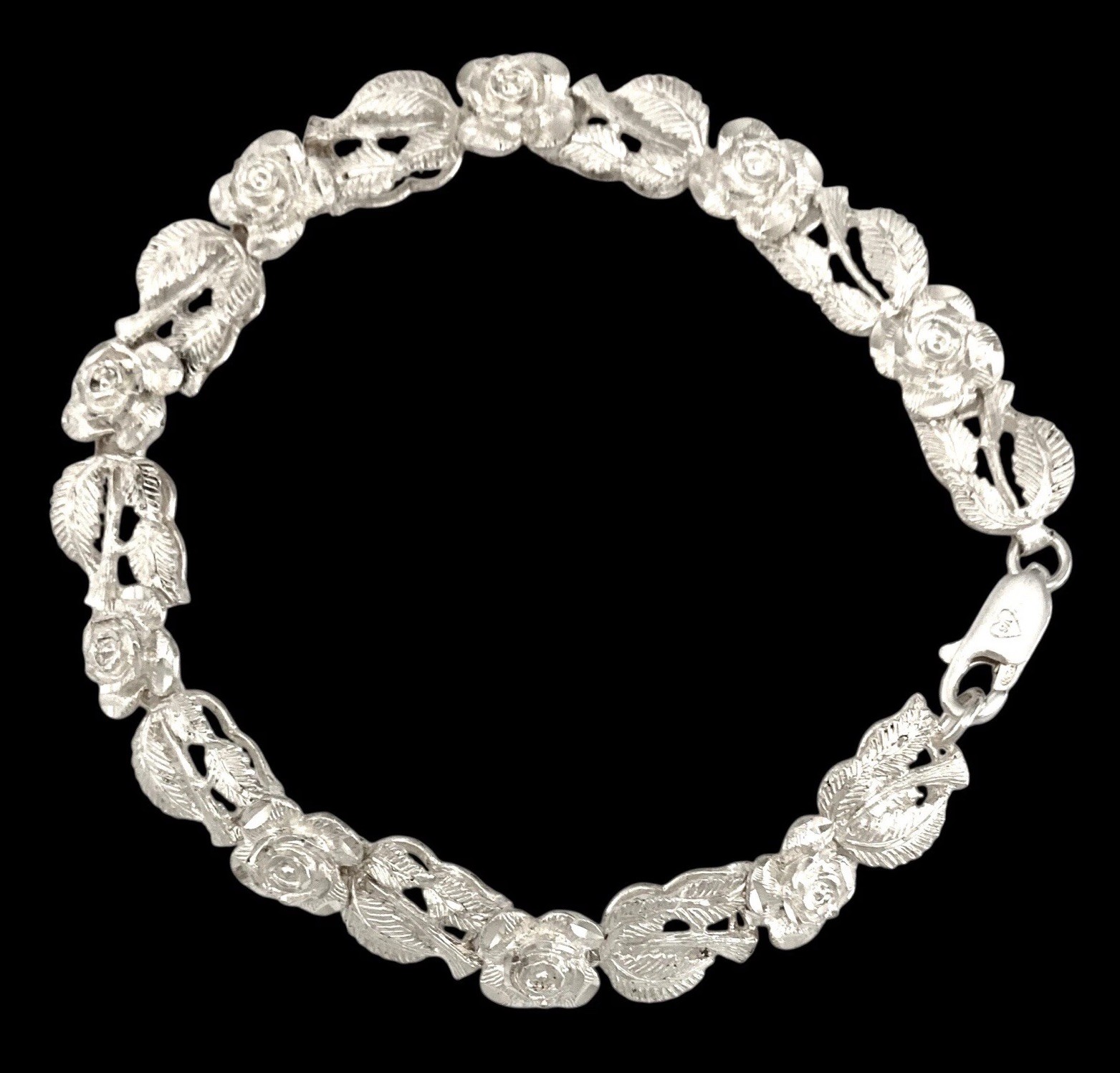 VINTAGE PERU~S.A. Sterling Silver DIAMOND CUT FLORAL Fancy Link Bracelet