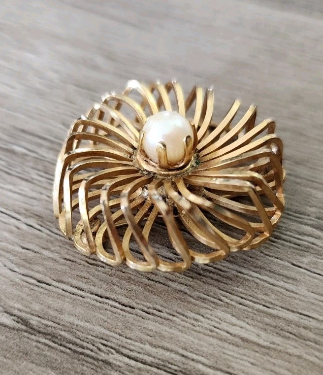 Vtg 1950’s Signed HG Henry Griffith 12K Gold GF SPIRAL SWIRL Pearl Pin Brooch