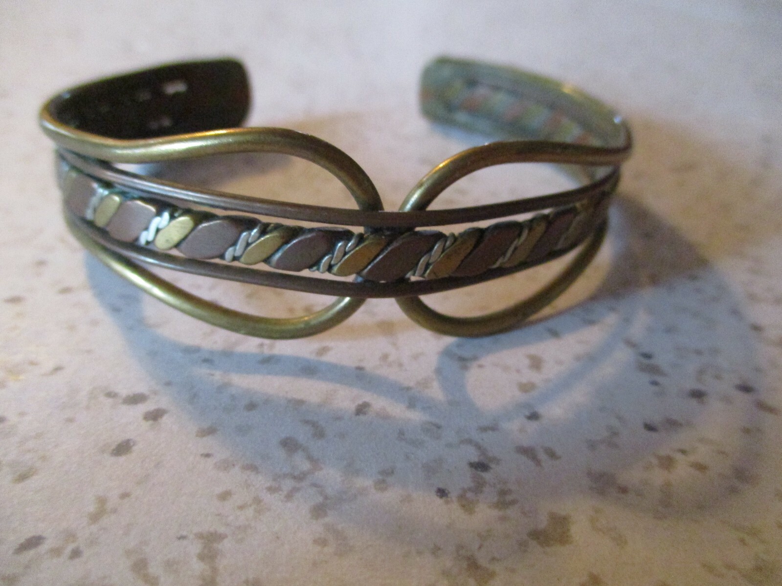 VINTAGE, CUFF BRACELET, COPPER, BRASS, TWISTED SILVER, INTRICATE DESIGN 2.25″ W