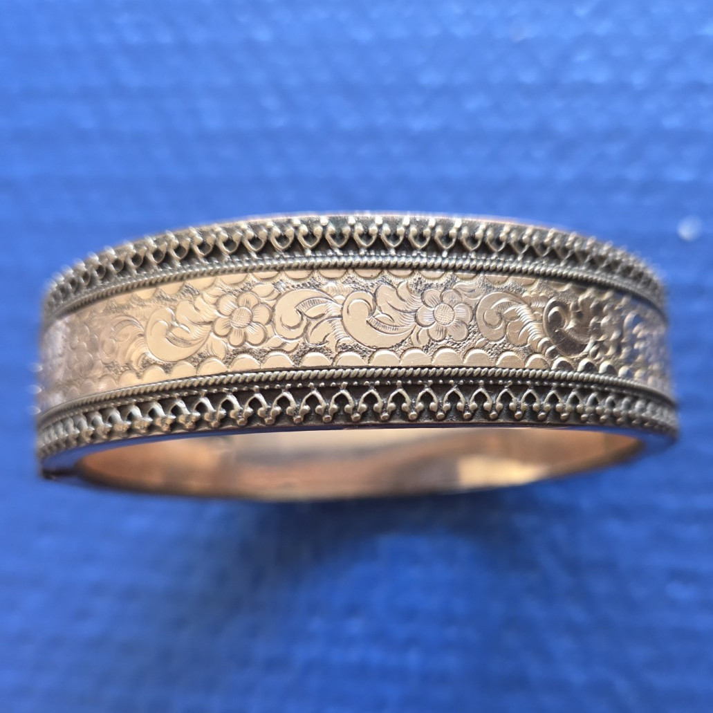 Victorian Hinged gold filled or rolled gold Engraved bracelet A.L.M. 1908