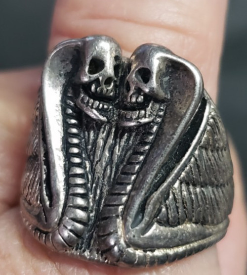 G & S Double Snake Skull Silver Toned Metal Biker Ring Vintage Jewelry No 14