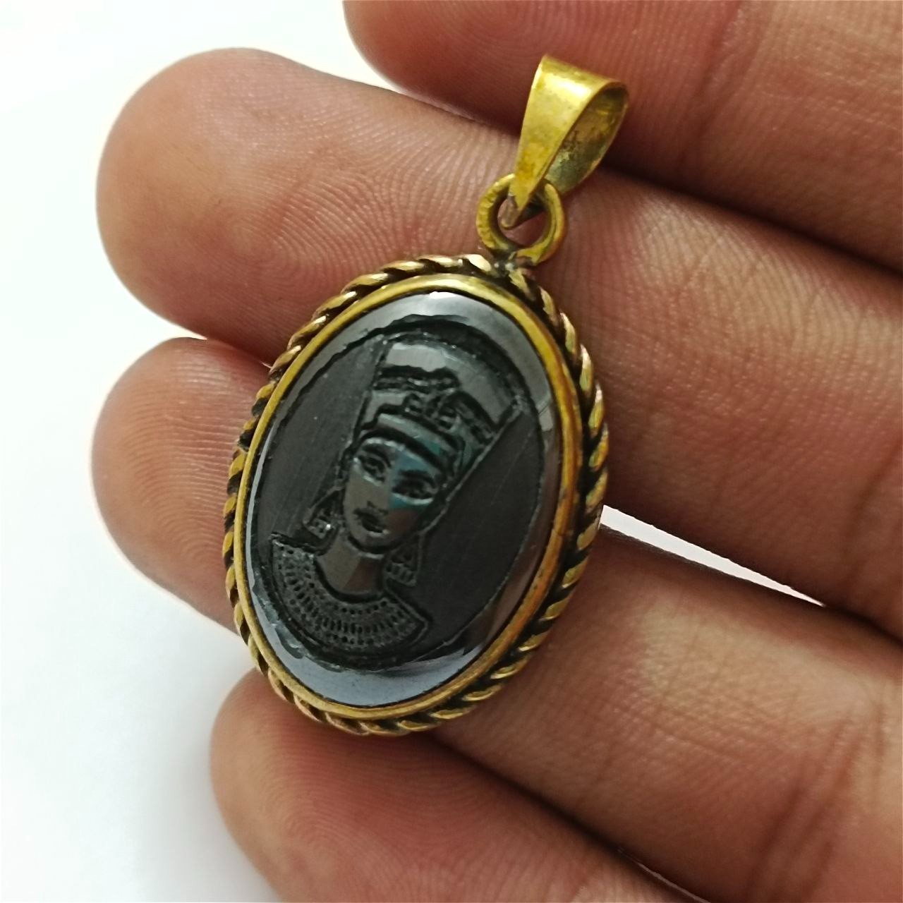 Vintage copper pendant with hematite stone, engraved Egyptian Queen design