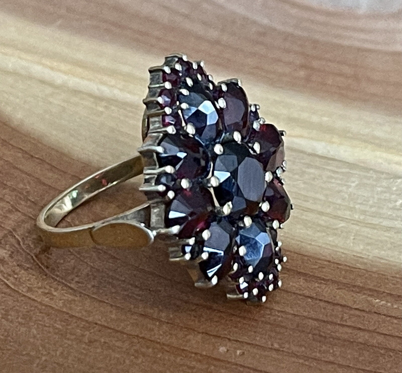 VICTORIAN STYLE BOHEMIAN GARNET COCKTAIL RING 14k GOLD & STERLING VERMEIL 7.75