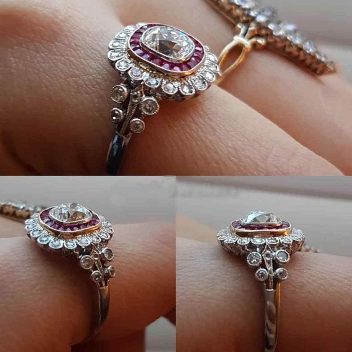 Red Ruby Baguette Cut Moissanite Halo Set Floral Inspire Edwardian Wedding Ring