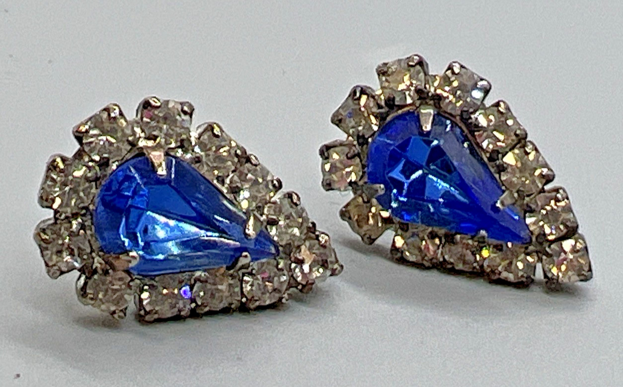 Vintage Teardrop Rhinestone Earrings Blue & Clear Crystal Accent Post Pierced El