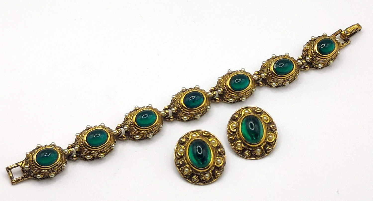 Benedikt NY Etruscan Revival Green Cabochon & Seed Pearl Bracelet & Necklace