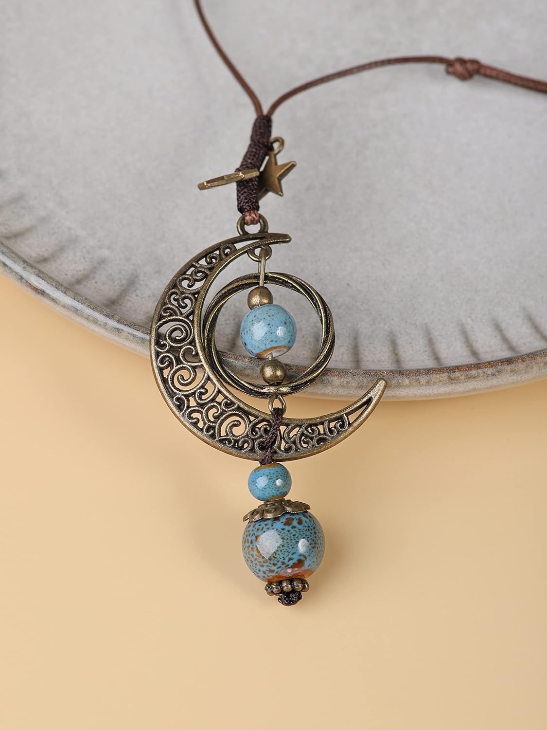 Bohemian Hippie Ceramic Beads Crescent Moon Lariat Necklace