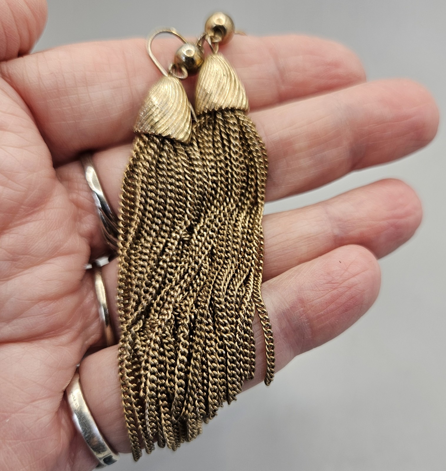 Vintage Tassel Earrings Gold Tone Hook Chain Dangle Runway Statement Long 3.5″