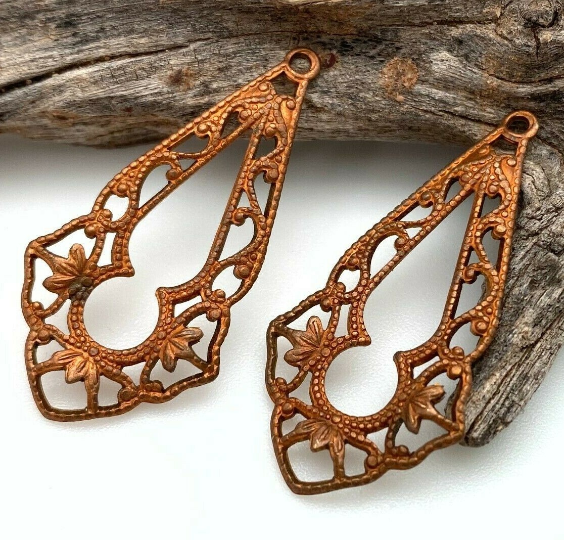 Pair Of Vintage Copper Plated Filigree Metal Stamping (MP80)
