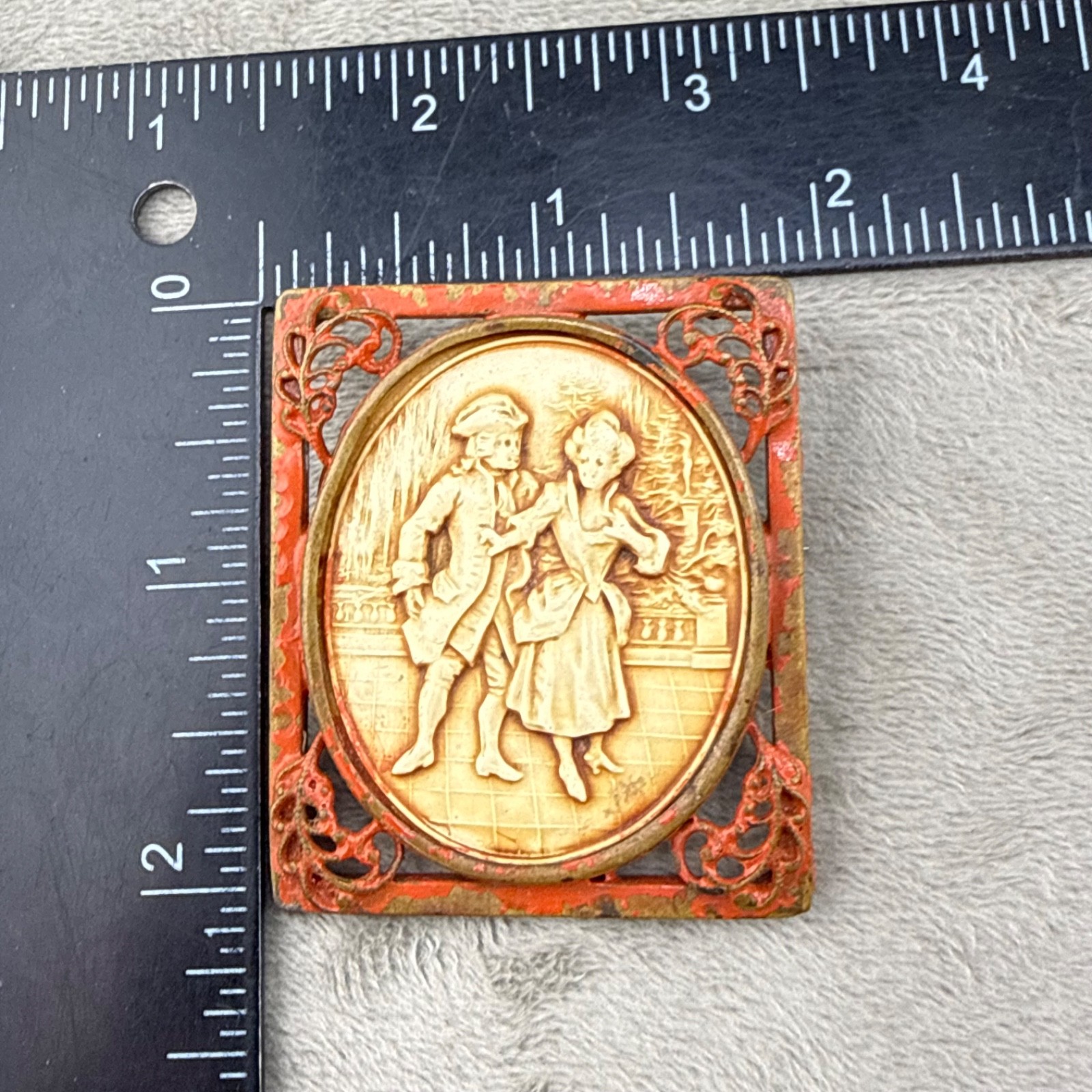 Vintage Colonial Courting Couple Brooch Red Enamel Metal Celluloid