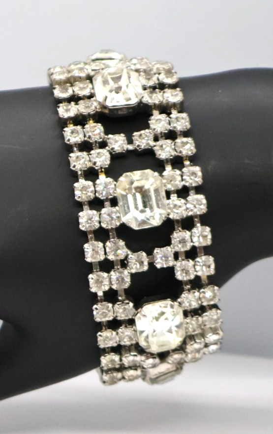Vintage Rhinestone Bracelet w/ Multiple Rows of Rhinestones & Large Square Ones
