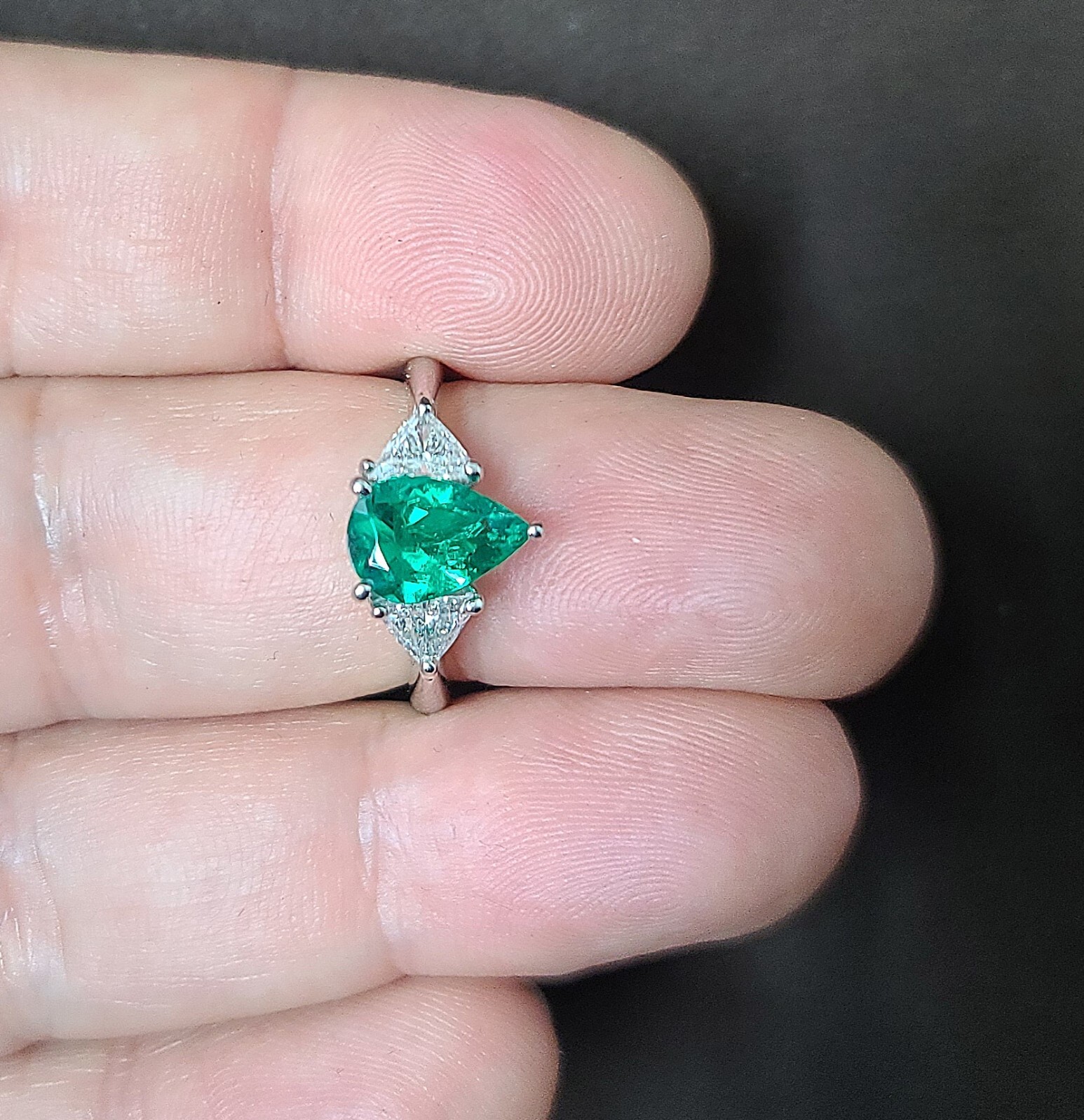 Vintage Platinum Engagement Ring 1.12CT. Natural Green Colombia Pear Shape