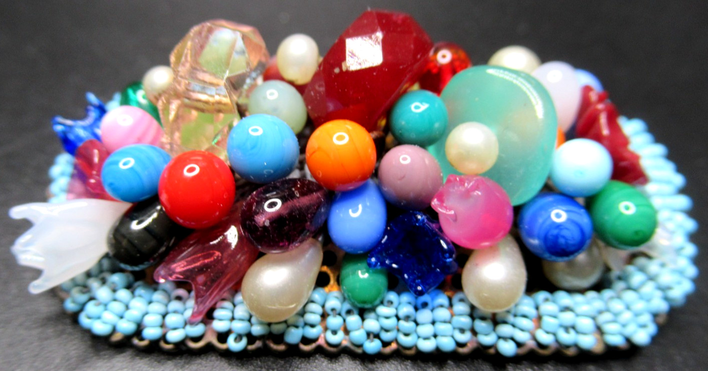 CZECH Amazing Colorful Glass Bead & Flowers Vintage Pin Brooch
