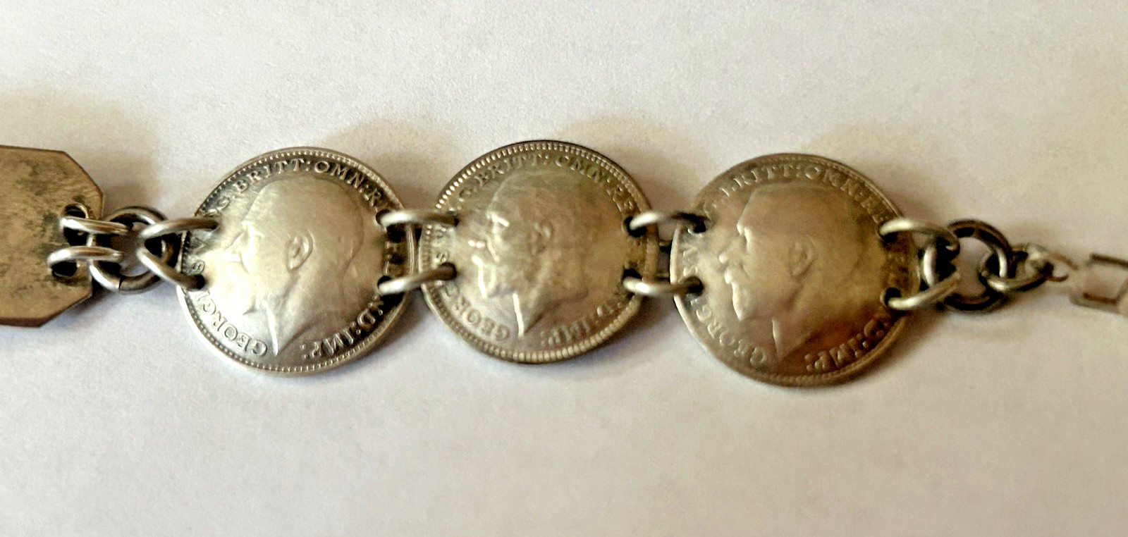 Antique British King George 3 Pence ID Bracelet Aprx 7” In Sterling Silver