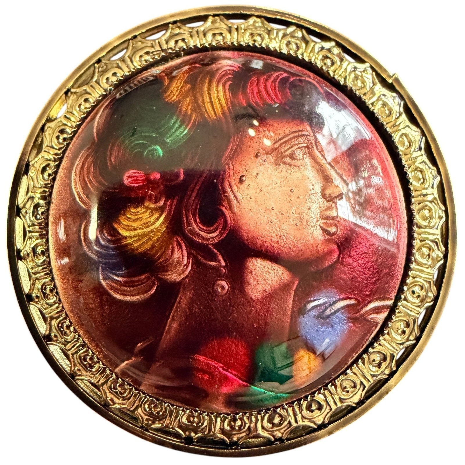 Vintage 1950s Reverse Carved Lucite Renaissance Lady Brooch New Old Stock