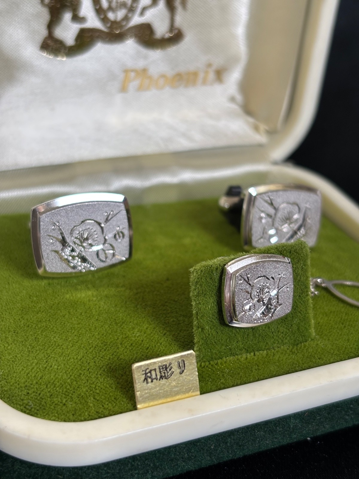 Vintage Phoenix Japanese Wabori Plum Blossom Cufflinks & Tie Clip Set w/ Origina