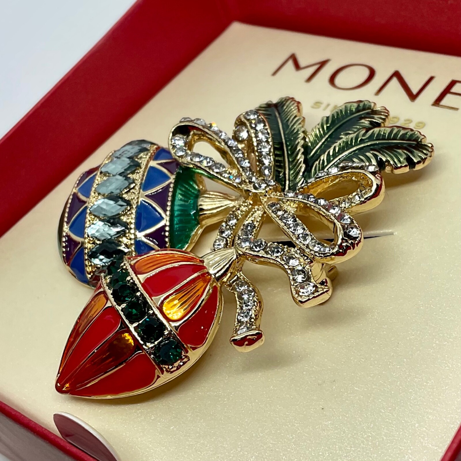 Monet Christmas Ornament & Pine Brooch Pin Enamel & Pave Rhinestones NEW in Box
