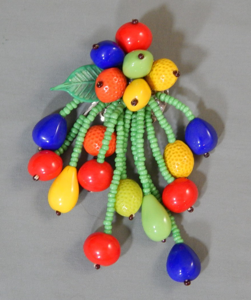 Vintage Signed Czechoslovakia Czech Glass Fruit Bead Dangle Drop Brooch Pin