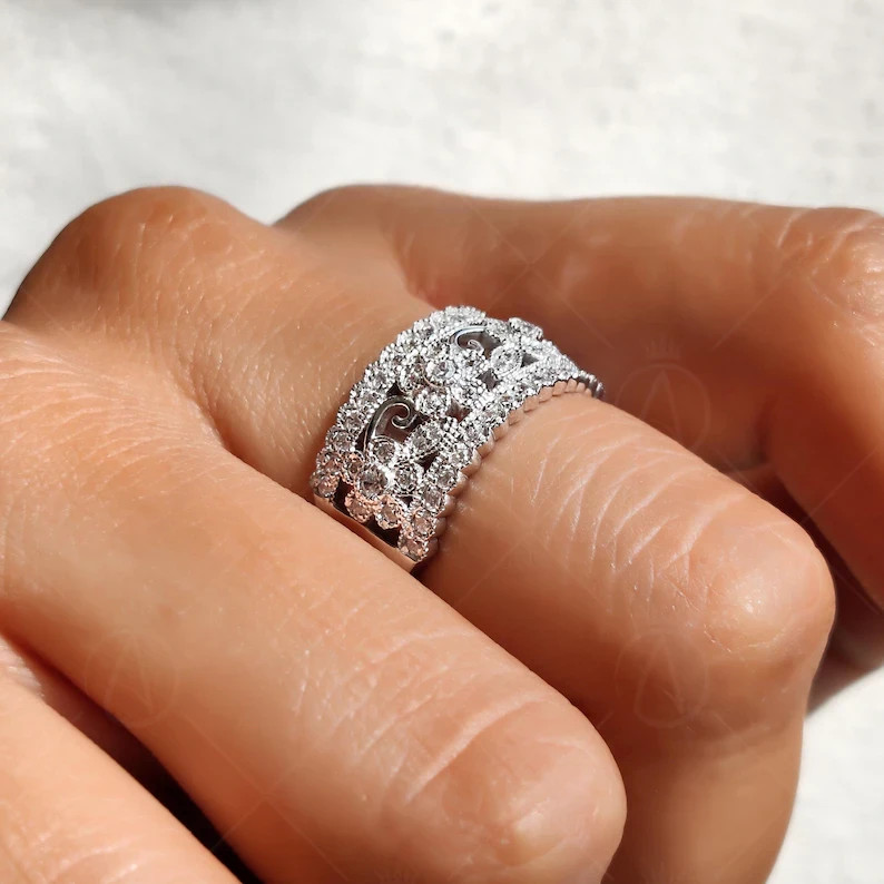 14K Gold Plated 925 Silver Moissanite Floral Band Engagement & Anniversary Ring