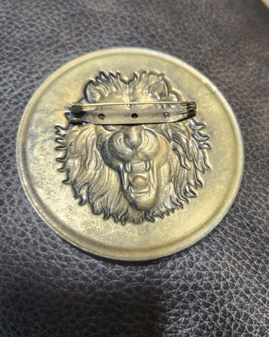 Vintage Lion Head Stamping Brooch Goldtone Base Metal Finish 3 Inches Diameter