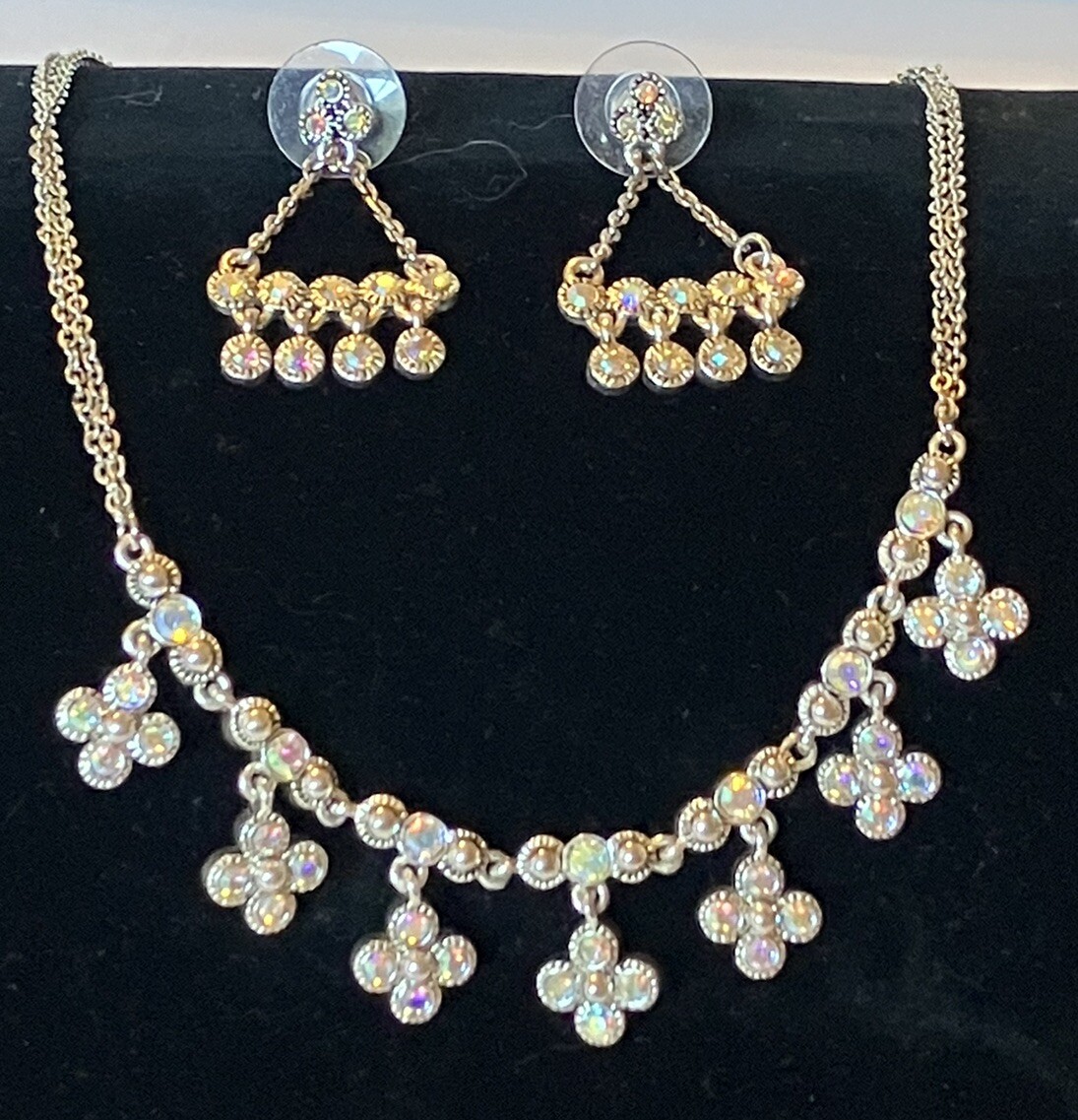 Vintage Napier Aurora Borialis Rhinestone Necklace And Earring Set 16 Inches