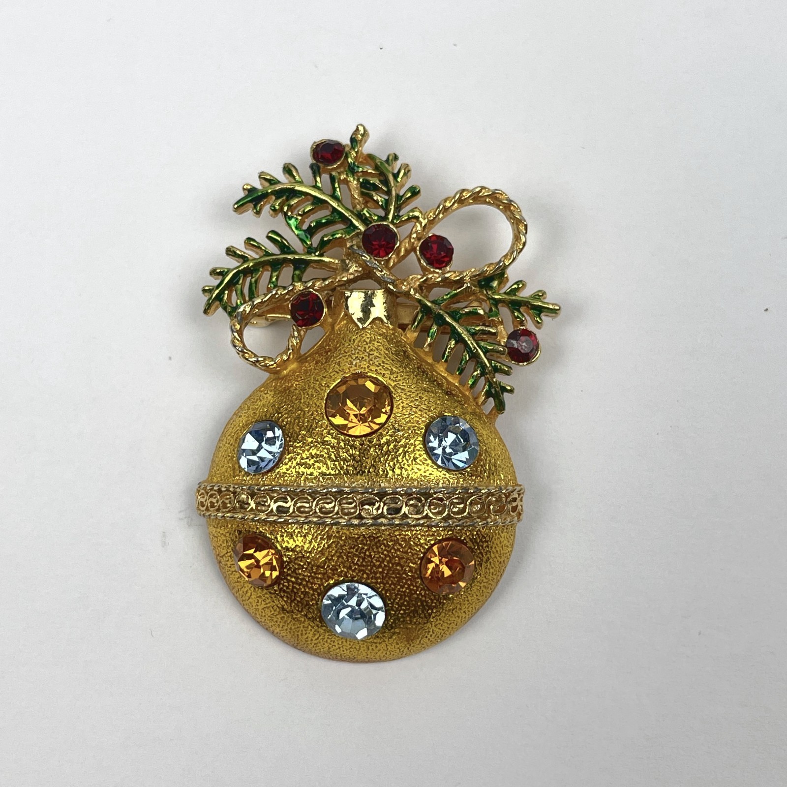 VTG Christmas Ornament Bulb Brooch Gold Tone Rhinestone Holly Holiday Pin